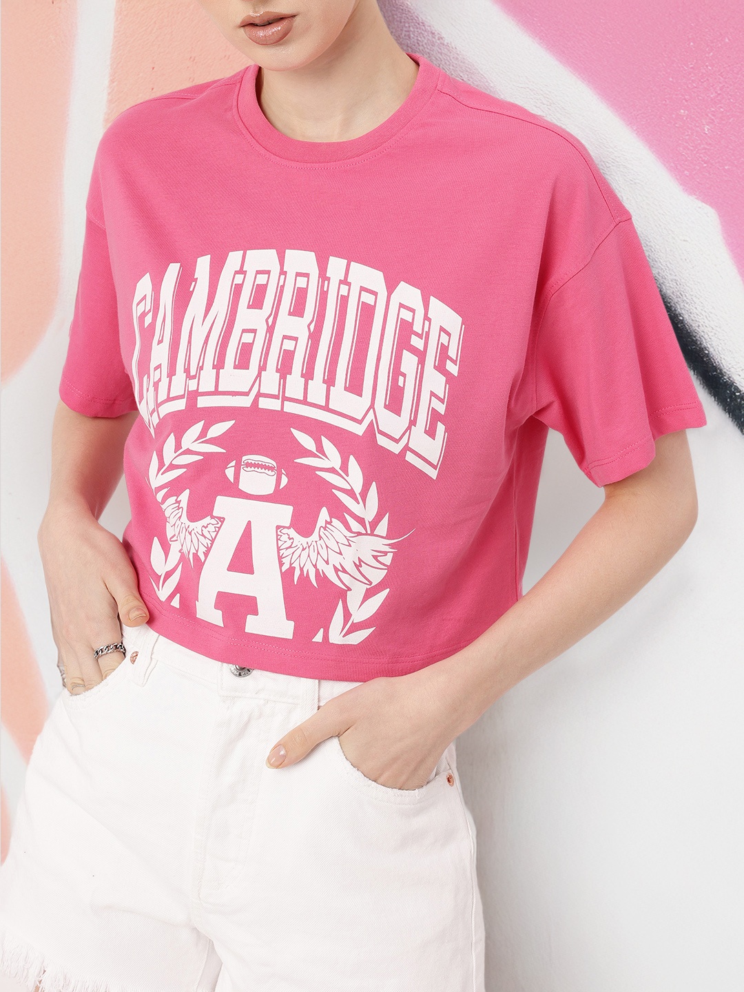 

DressBerry Street Grunge Aesthetic Typography Printed Boxy Crop T-shirt, Pink