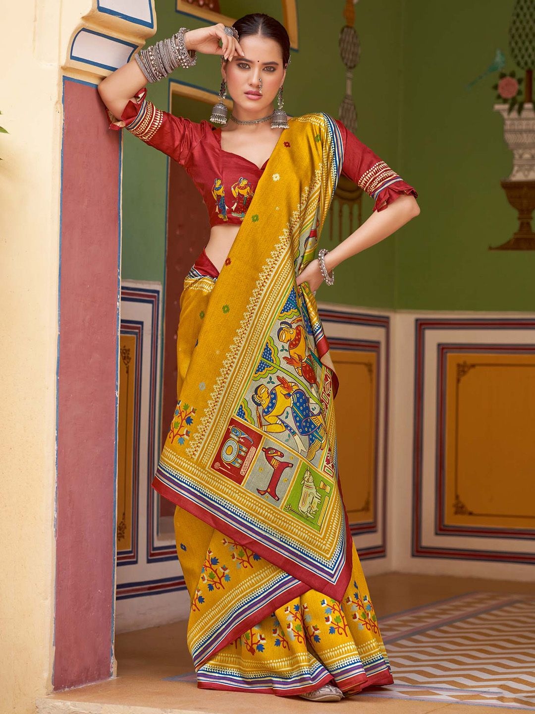 

Mitera Kalamkari Silk Blend Tussar Saree, Mustard