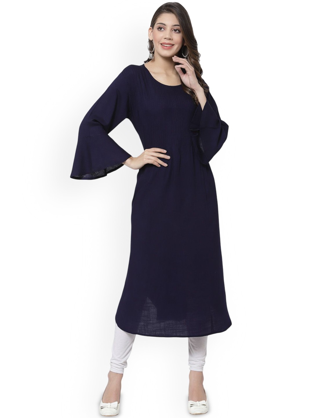 

DELIS Pin Tucks Bell Sleeves Straight Cotton Kurta, Navy blue