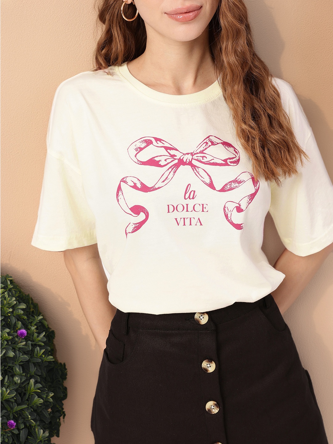 

DressBerry Whimsy Feminine Core Graphic Typo Printed Boxy T-shirt, Off white