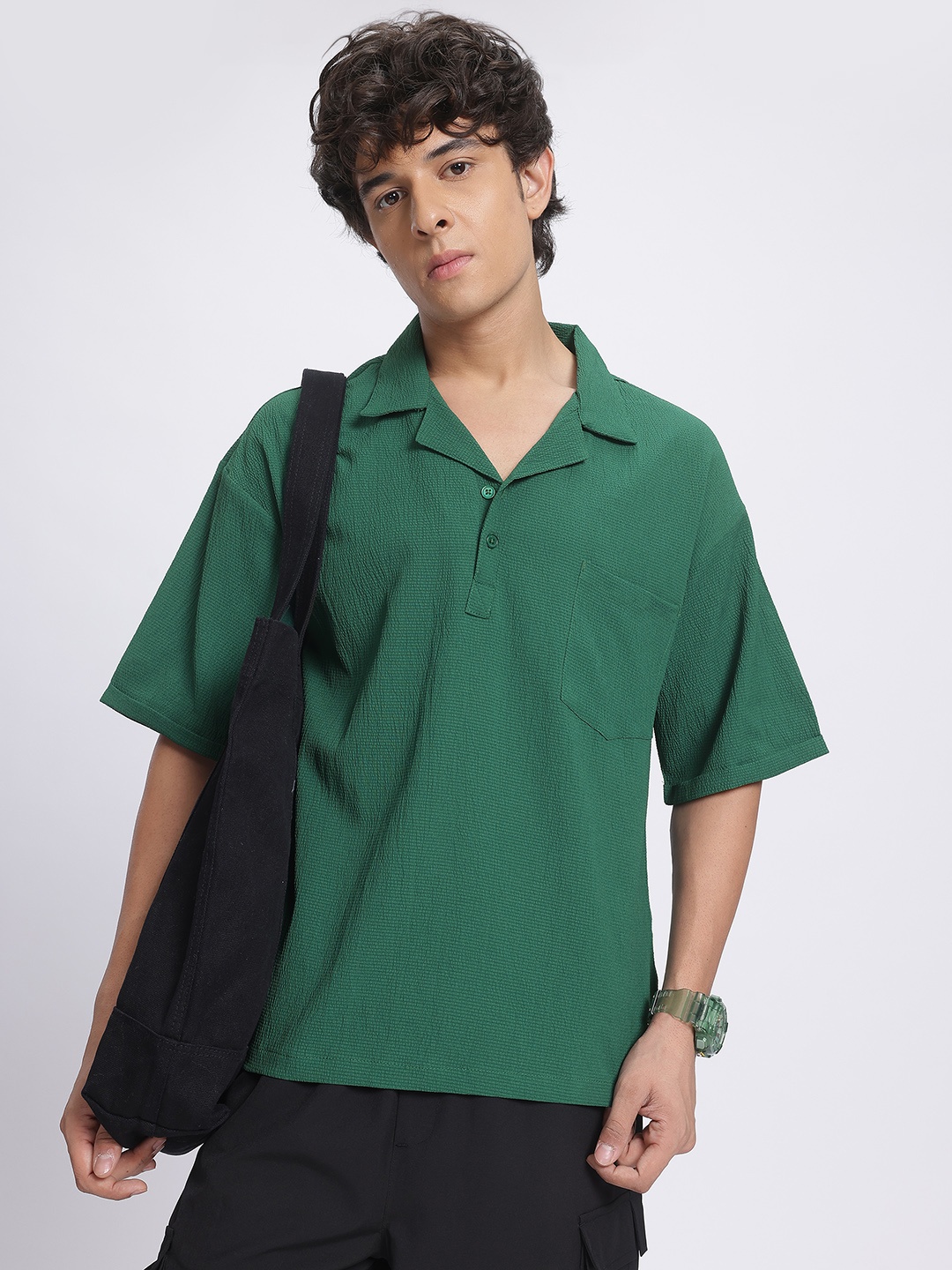 

glitchez Easy Flow Textured Relaxed Shirt, Green