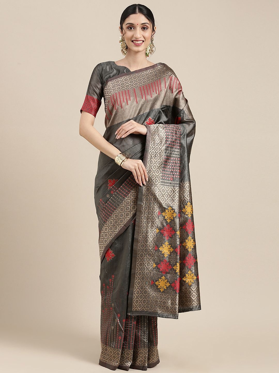 

Mitera Floral Silk Blend Banarasi Saree, Grey