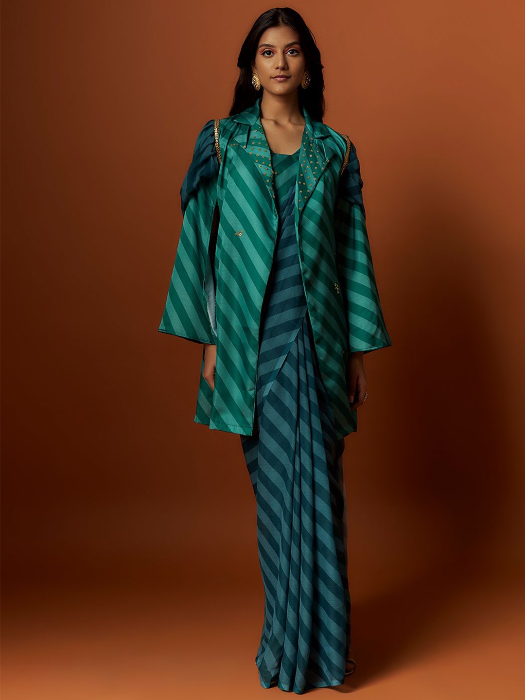 

Mystake By Meghna Shah Embroidered & Striped Saree Blouse With Jacket, Green