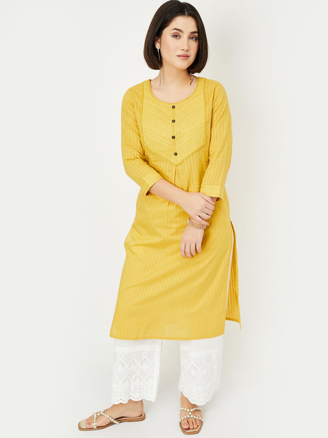 

max Striped Thread Work Round Neck Cotton Straight Kurta, Yellow