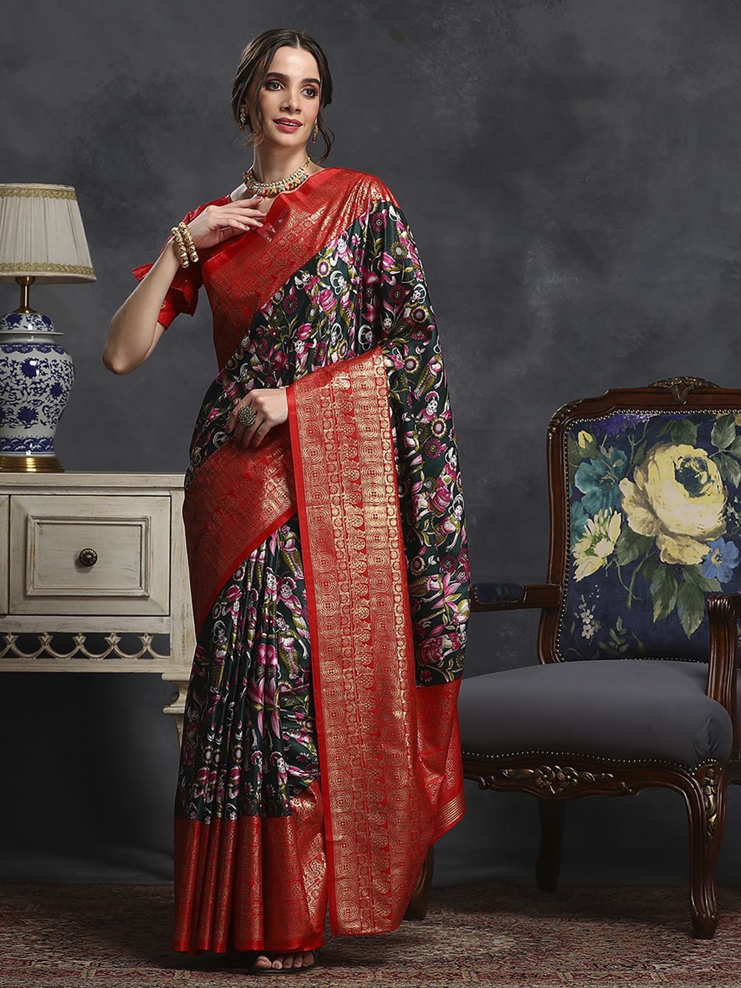 

Mitera Kalamkari Zari Silk Blend Sungudi Saree, Green