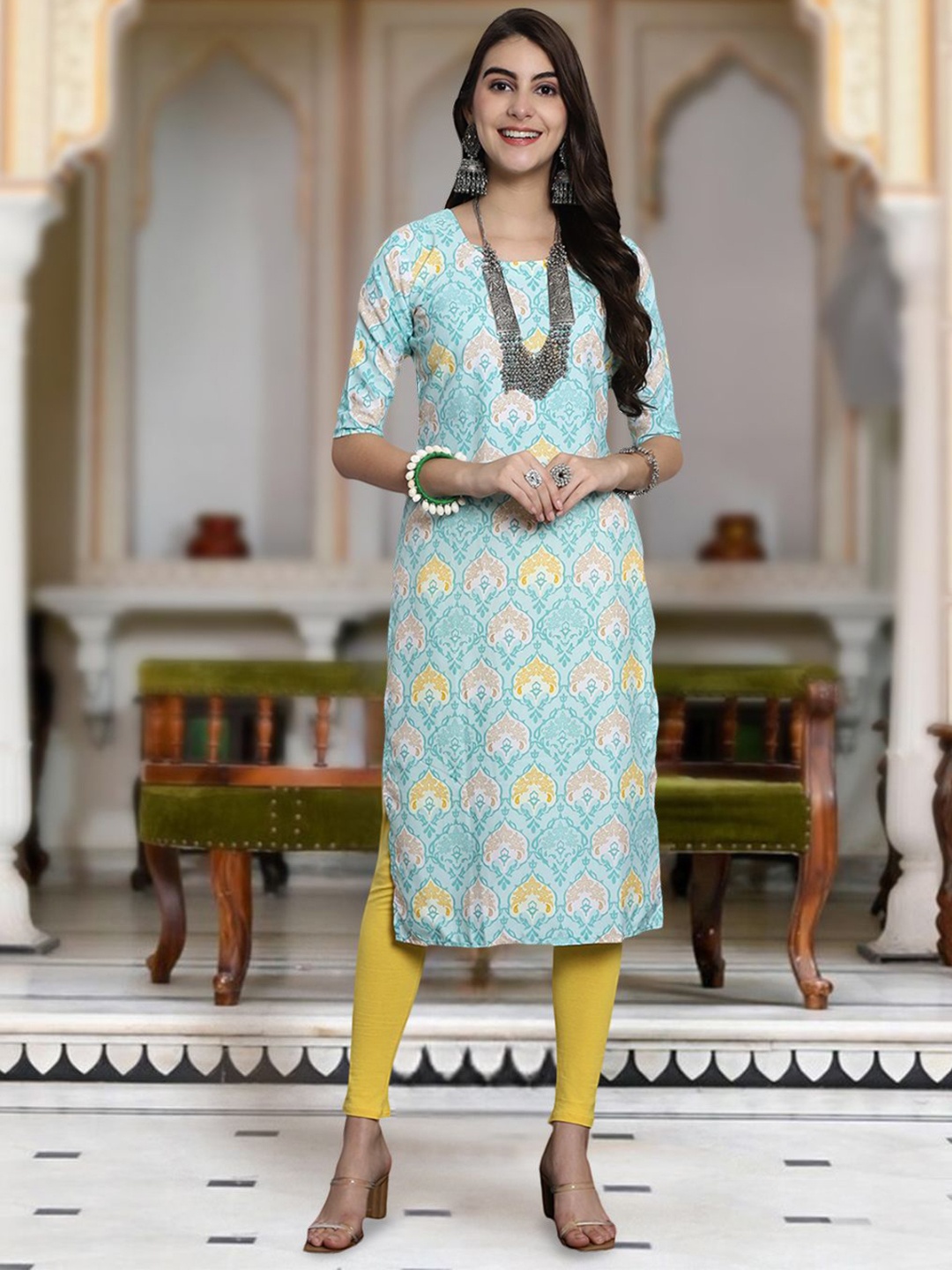 

Moda Rapido Floral Printed Round Neck Straight Kurta, Blue
