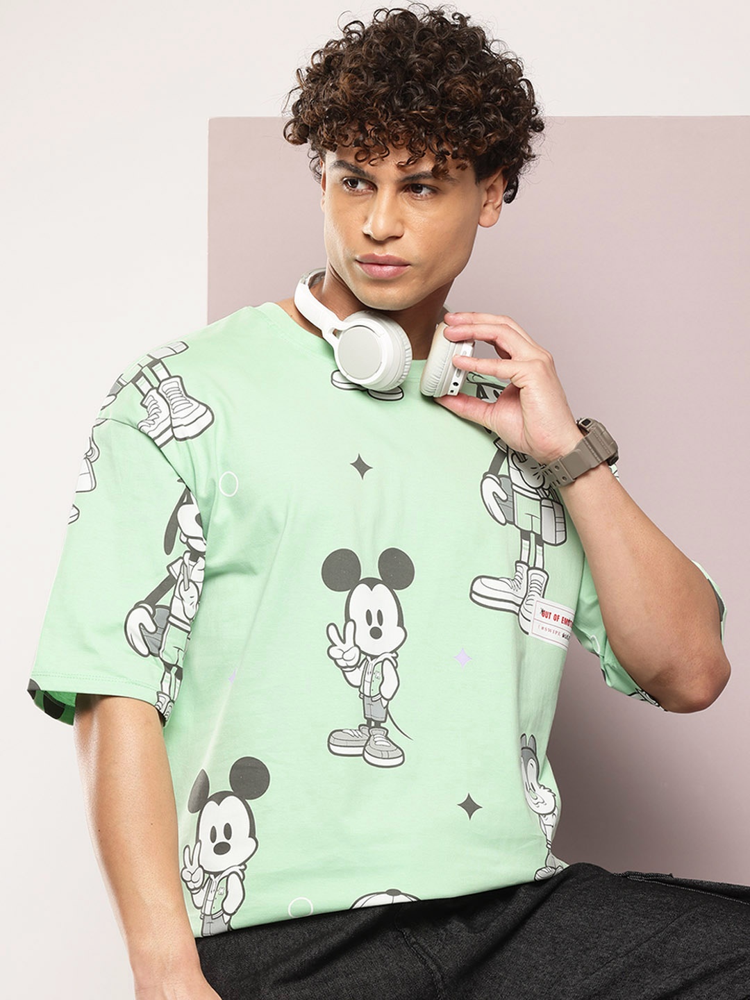

Kook N Keech Disney Mickey & Friends Print Oversized Pure Cotton T-shirt, Lime green