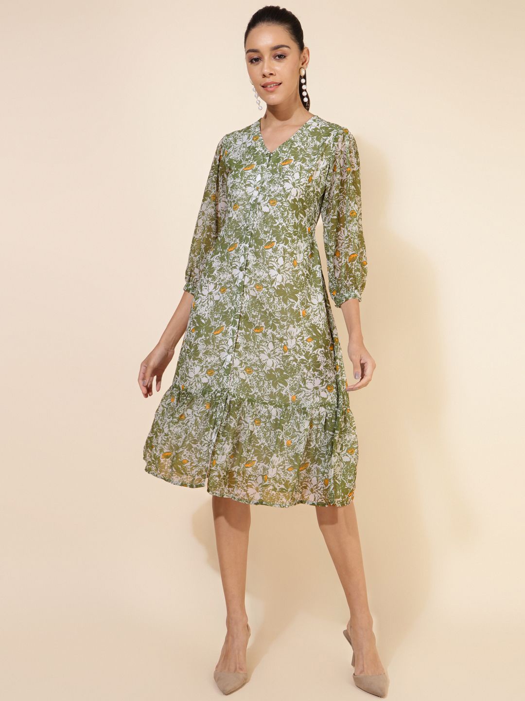 

KALINI Floral Print Georgette A-Line Midi Dress, Olive
