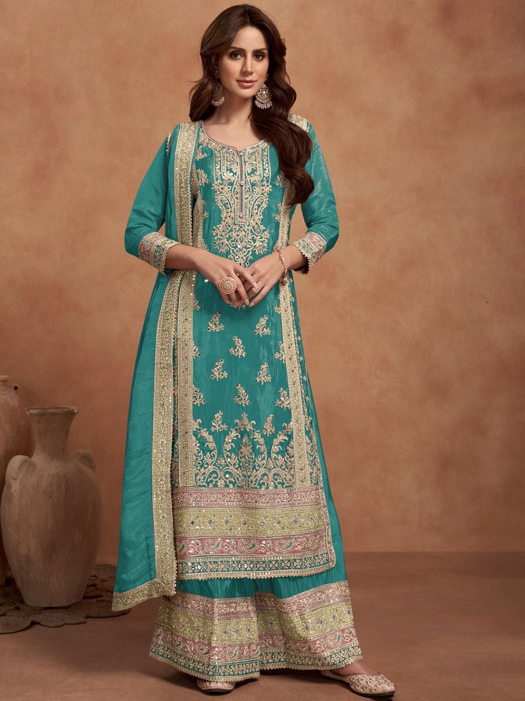 

SURATSUIT Women Floral Embroidered Regular Mirror Work Kurta with Palazzos & With Dupatta, Turquoise blue