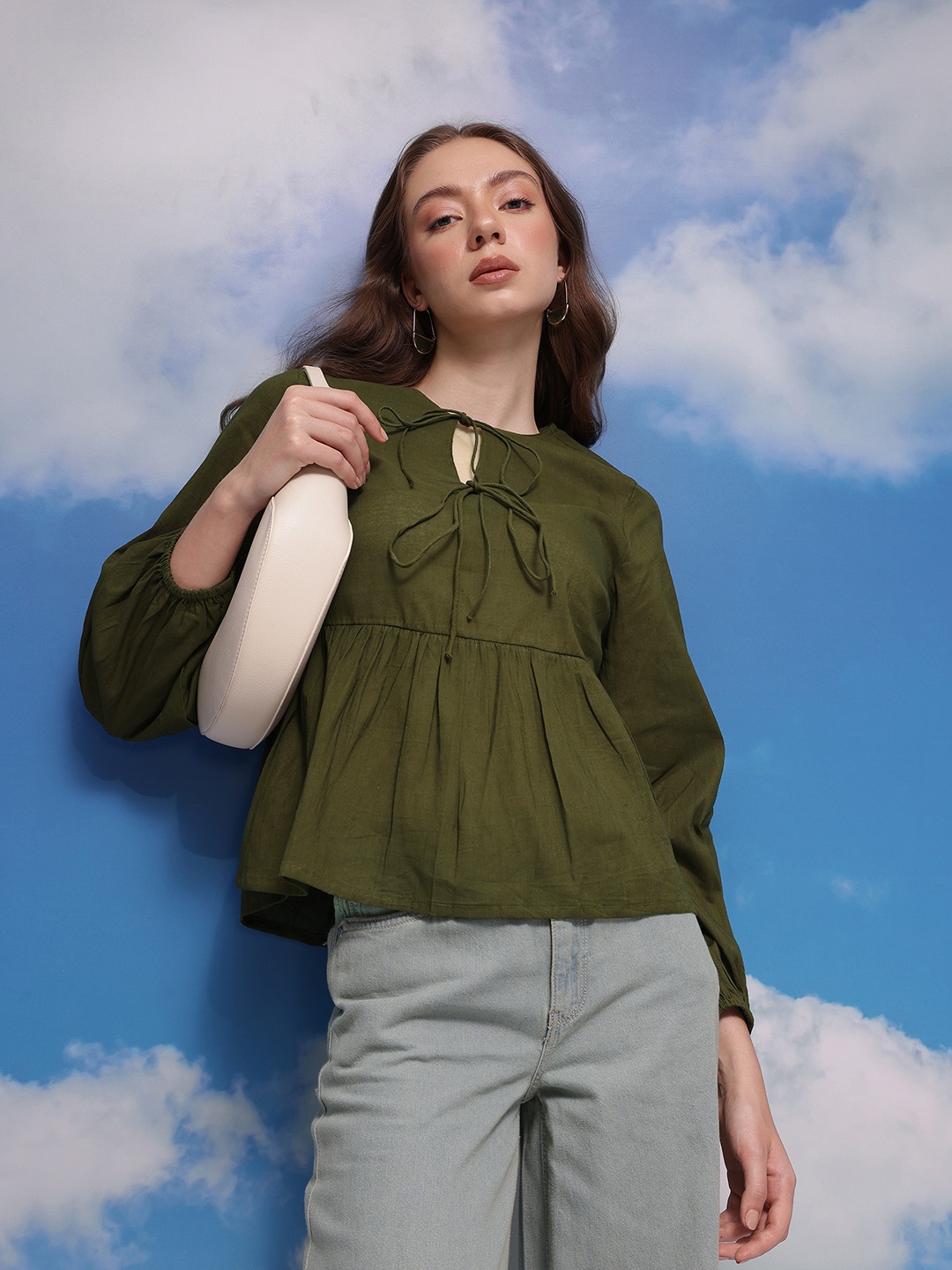 

CORSICA Tie-Up Puff Sleeve Pure Cotton A-line Top, Olive
