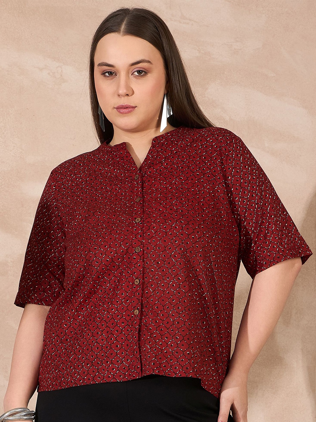 

all about you Plus Size Geometric Mandarin Collar Ethnic Cotton Top, Maroon