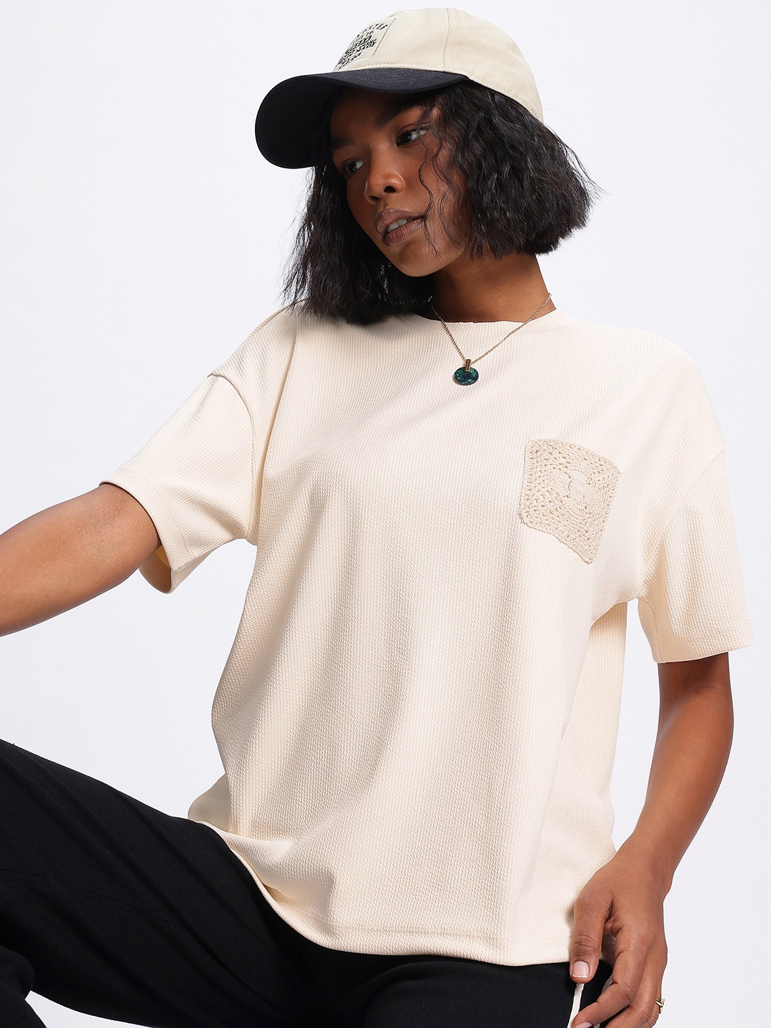 

glitchez Crochet Vibes Textured Rib T-shirt, Cream
