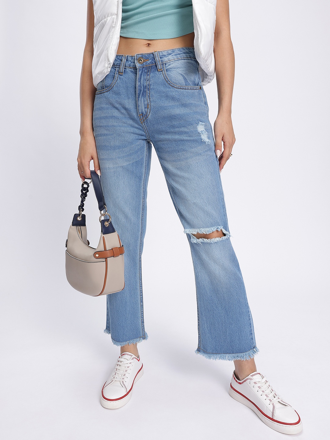 

glitchezglitchez Women Street Edge Ripped Frayed Hem Straight Fit Cropped Jeans, Navy blue