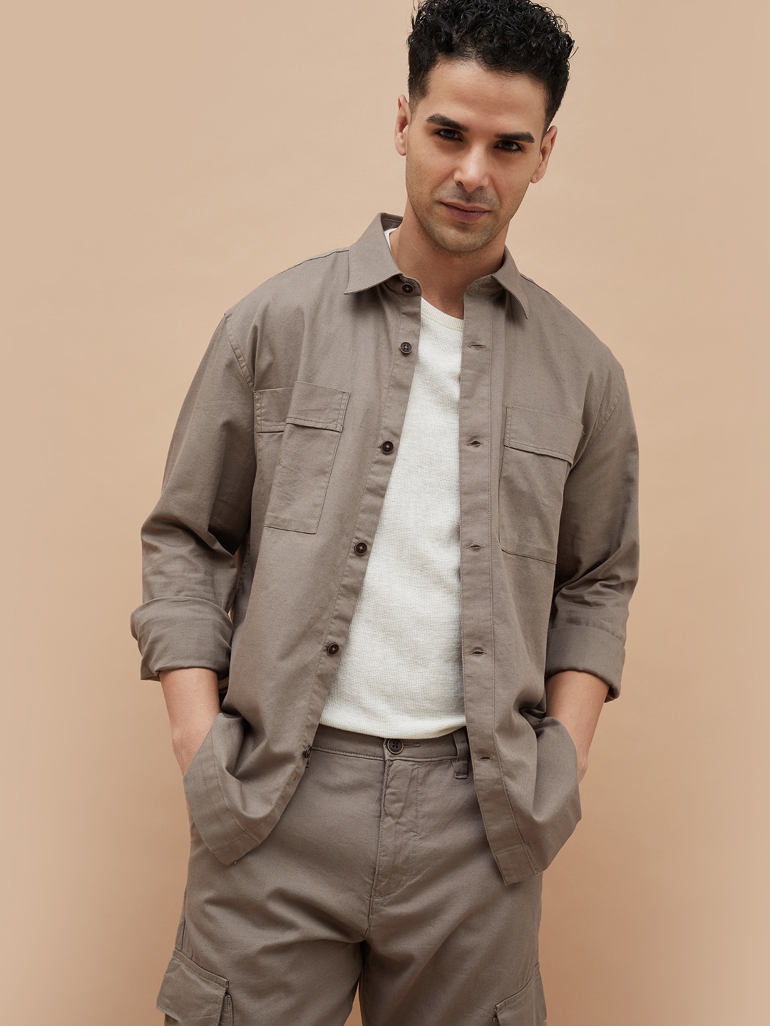 

CODE by Lifestyle Men Geometric Denim Jacket with Patchwork, Brown