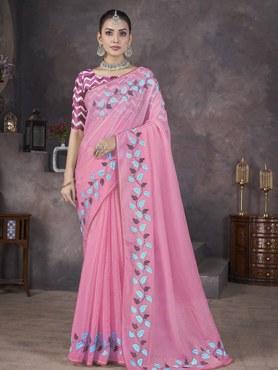 

Panzora Embroidered Poly Georgette Saree, Pink