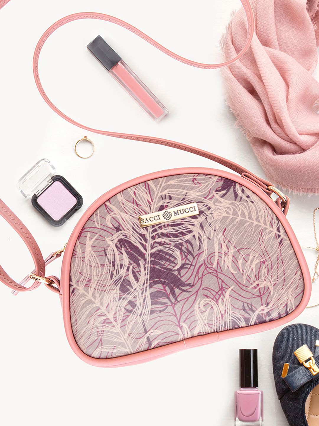 

Sacci Mucci Floral Printed Sling Bag with Applique, Pink