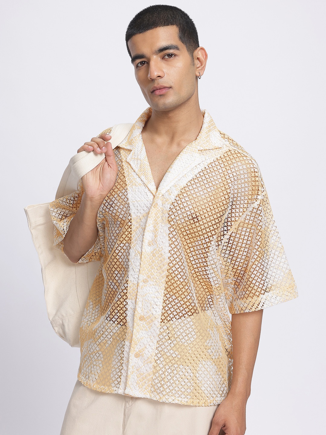 

glitchez Delicate Breeze Self-Design Sheer Relaxed Shirt, Yellow