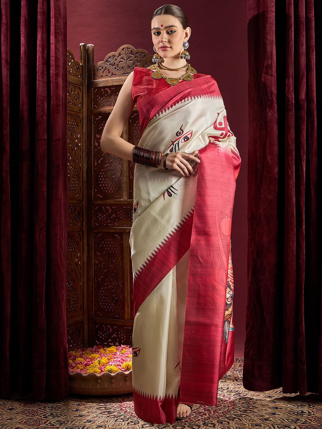

Mitera Ethnic Motifs Silk Blend Garad Saree, Off white
