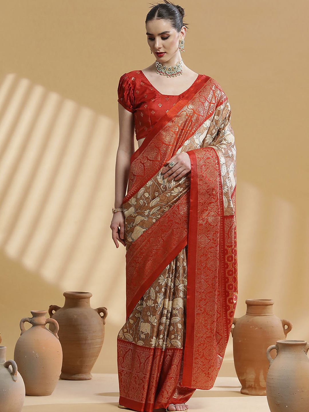 

Anouk Rustic Kalamkari Zari Silk Blend Bagh Saree, Brown