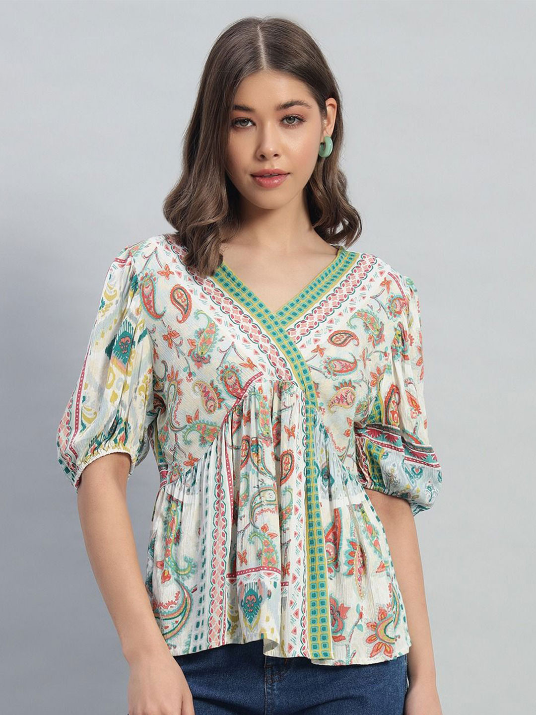 

VELDRESS Floral Print Crepe Top, Green