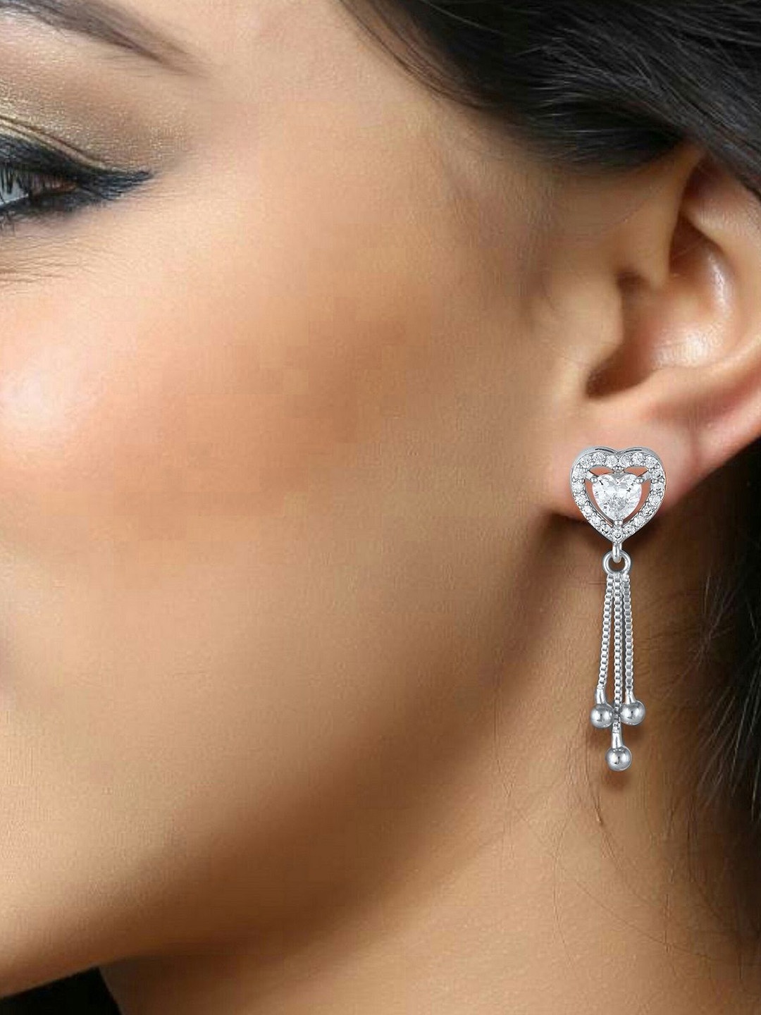 

DIVASTRI Rhodium-Plated Cubic Zirconia Studded Heart Shaped Drop Earrings, Silver