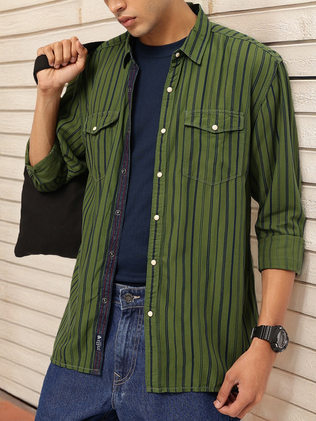 

The Roadster Lifestyle Co. Street Texture Striped Relaxed Fit Shirt, Olive