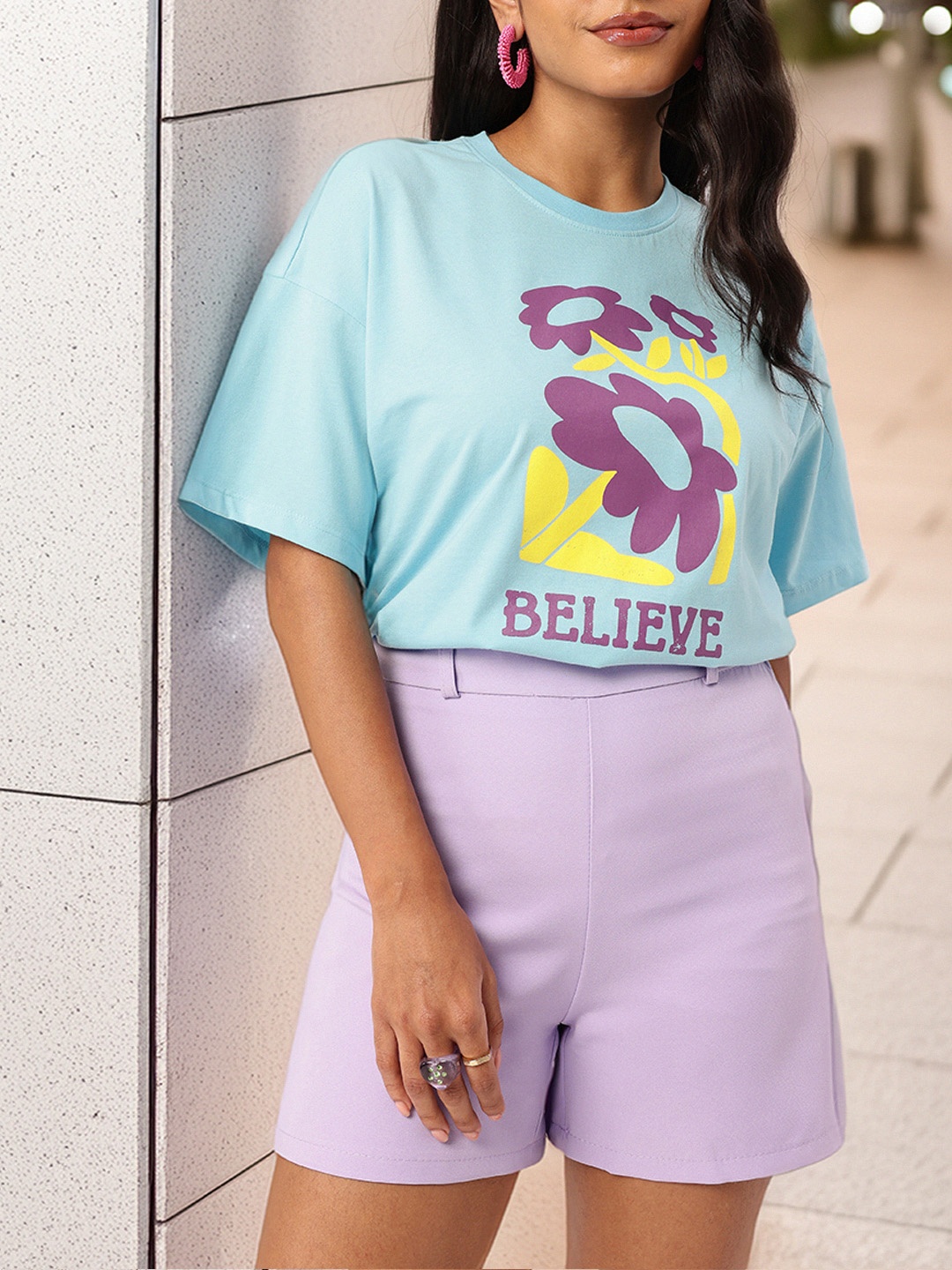 

DressBerry Bloom With Belief Cute Printed Boxy Crop T-shirt, Blue