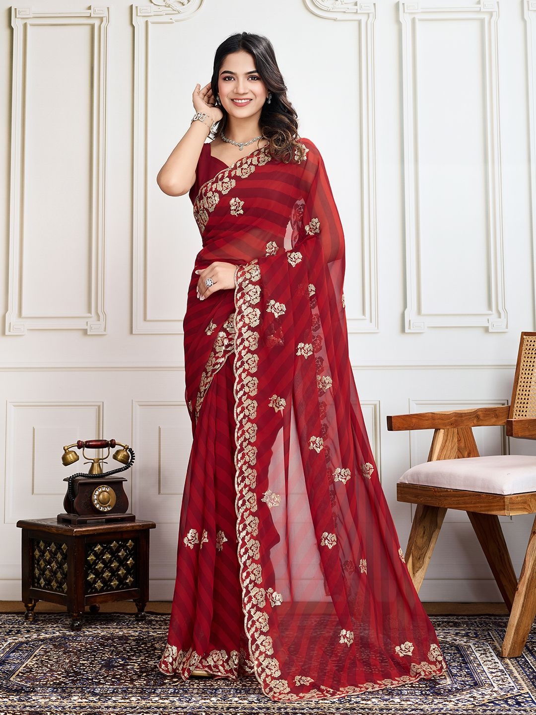 

House of Pataudi Printed Saree With Blouse Piece, Maroon