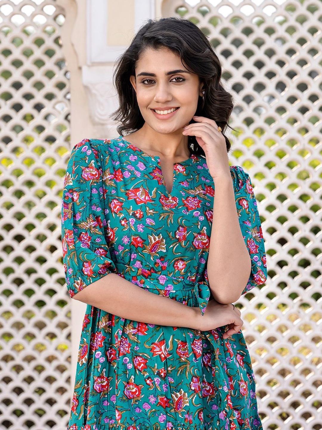 

KALINI Floral Print Puff Sleeve Maxi Dress, Turquoise blue