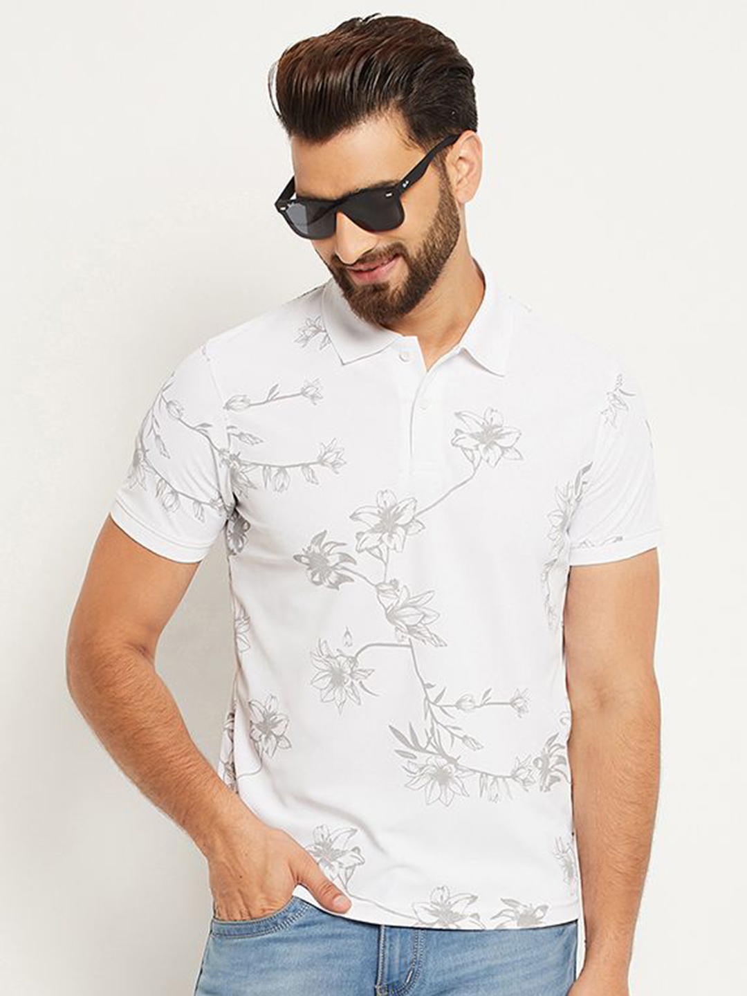 

OGEN Men Floral Printed Polo Collar Extended Sleeves Pockets T-shirt, White