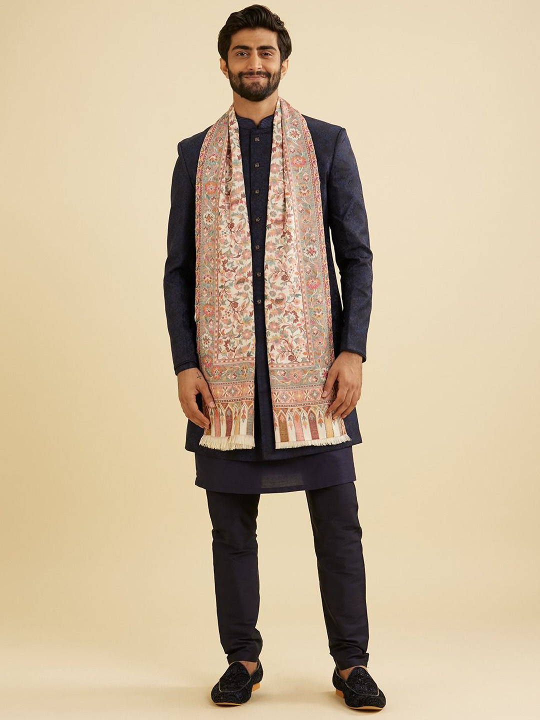 

Manyavar Men Floral Printed Shawl, Cream