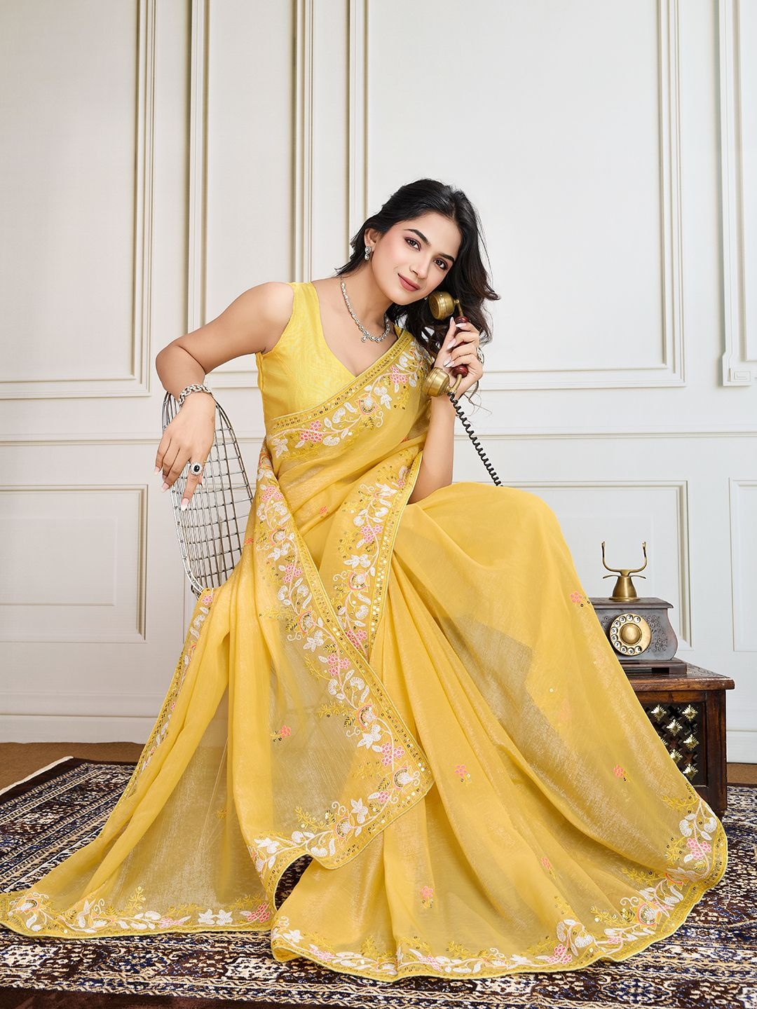 

House of Pataudi Embroidered Work Saree With Blouse Piece, Yellow