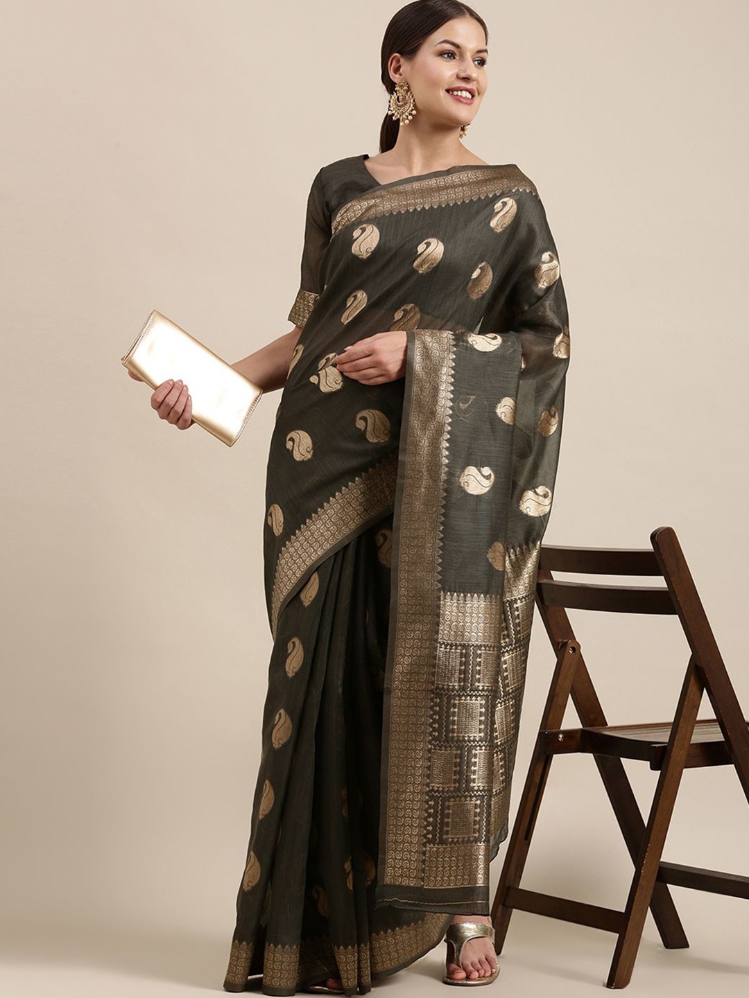 

Anouk Rustic Woven Design Zari Linen Blend Banarasi Saree, Grey