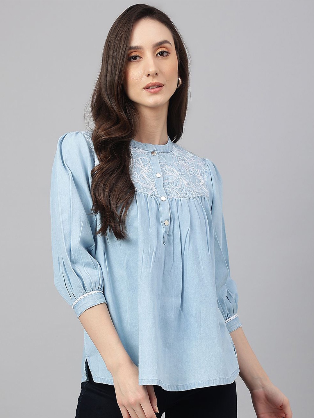 

KALINI Embroidered Mandarin Collar Puff Sleeve Top, Blue