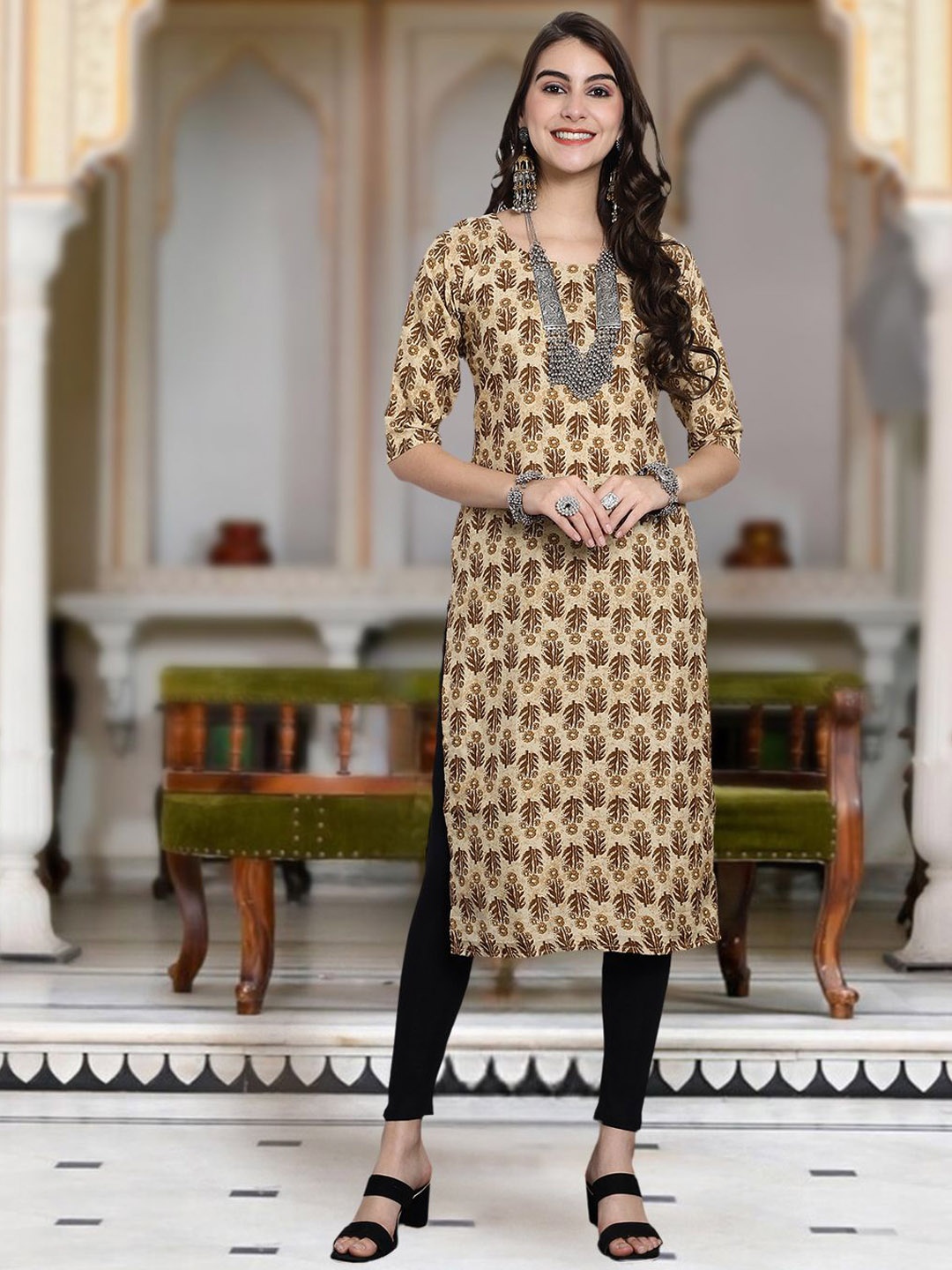 

Moda Rapido Floral Printed Round Neck Straight Kurta, Beige