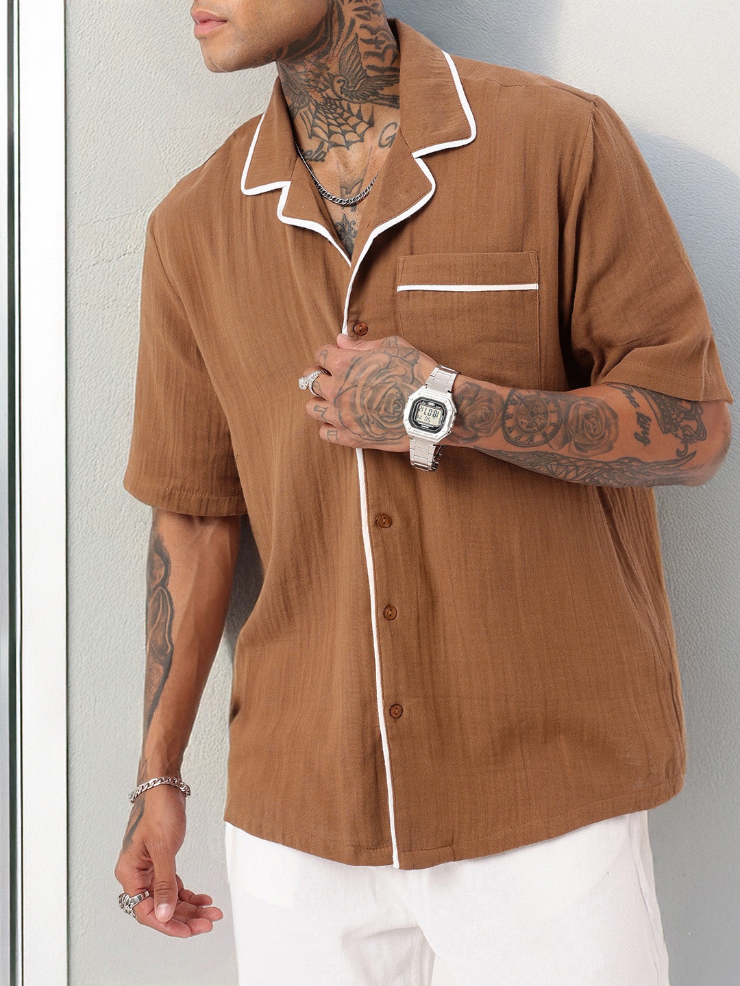 

Kook N Keech Urban Cuban Collar Oversized Fit Shirt, Brown