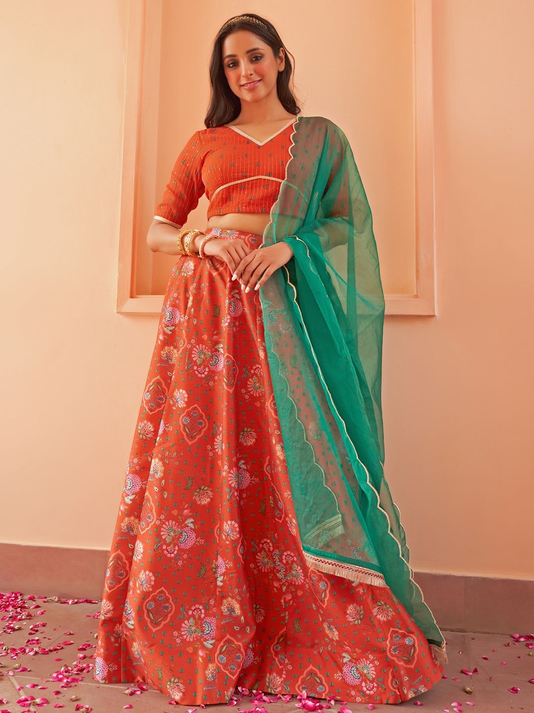 

KALINI Printed Sequinned Ready to Wear Lehenga & Blouse With Dupatta, Orange