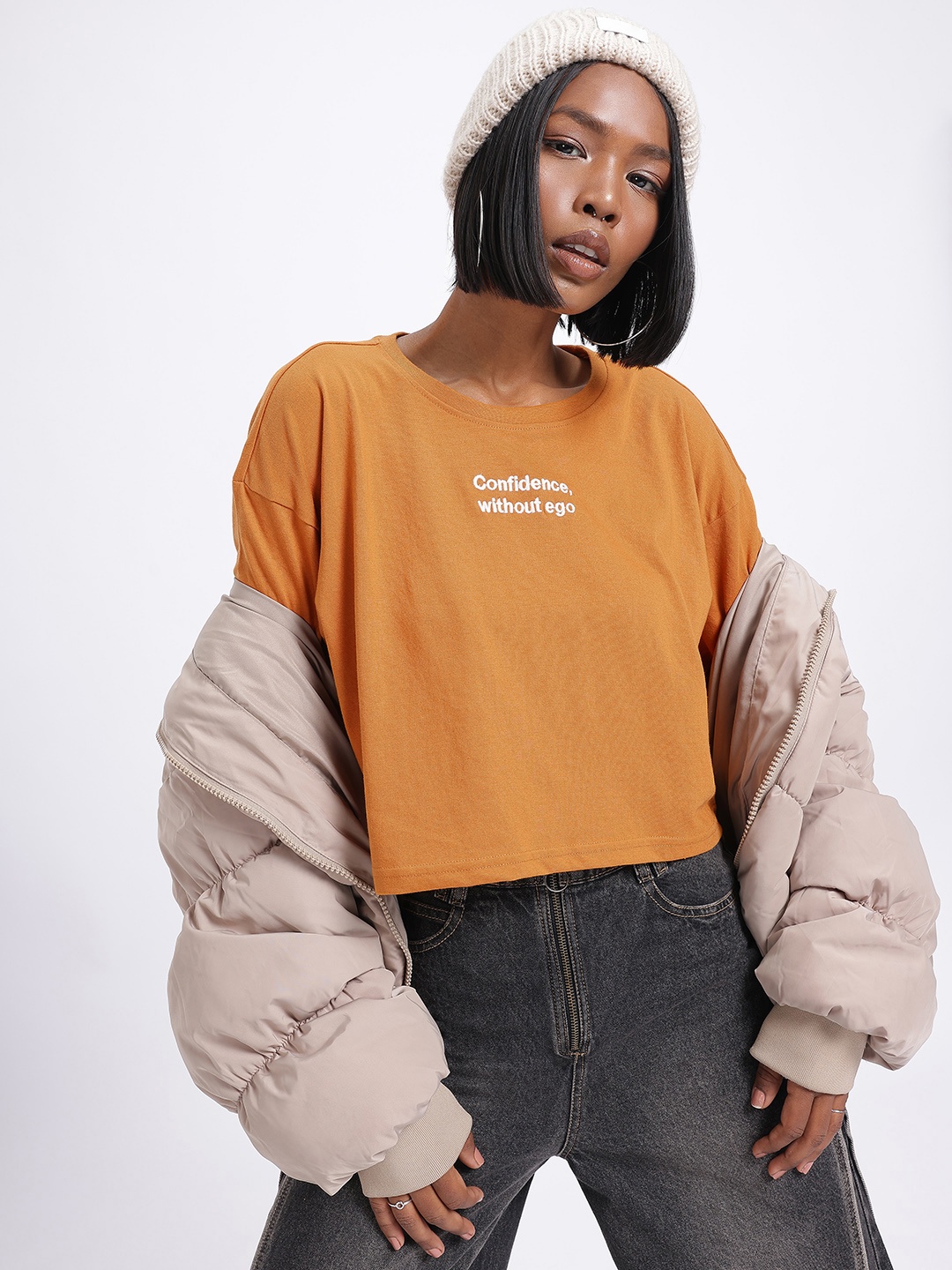 

glitchez Statement Stitch Typo Embroidered Boxy Tee, Mustard