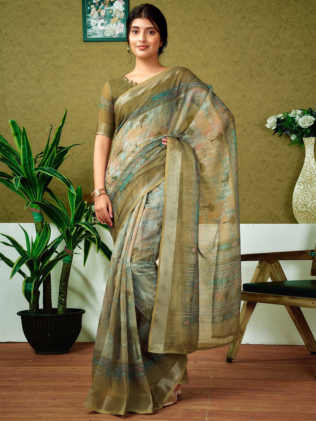 

all about you Zari Pure Linen Ready to Wear Saree, Olive