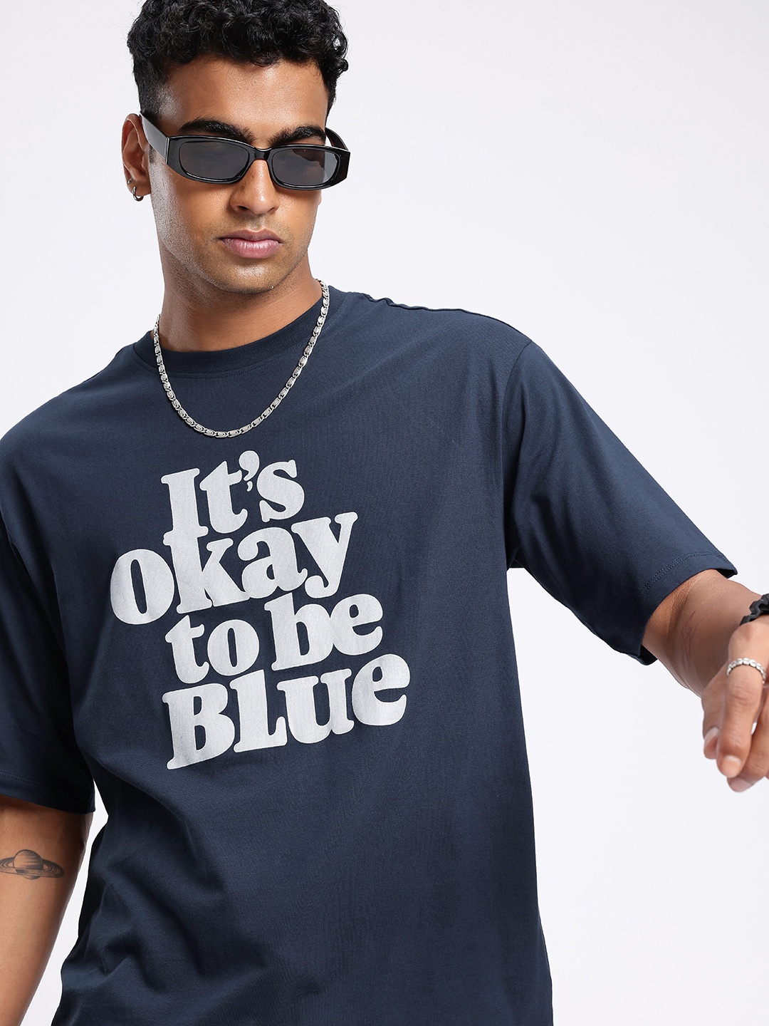 

glitchez Edgy Touch Typography Printed Relaxed Fit T-shirt, Navy blue