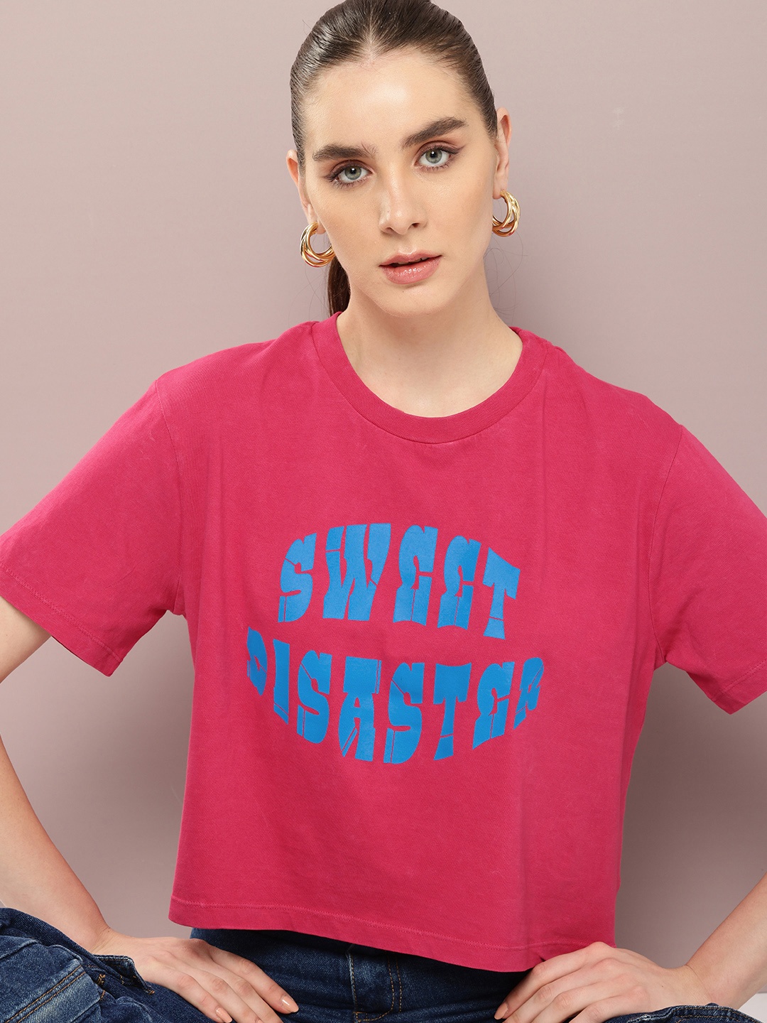 

Kook N Keech Typography Printed Washed Effect Boxy Pure Cotton Crop T-shirt, Pink