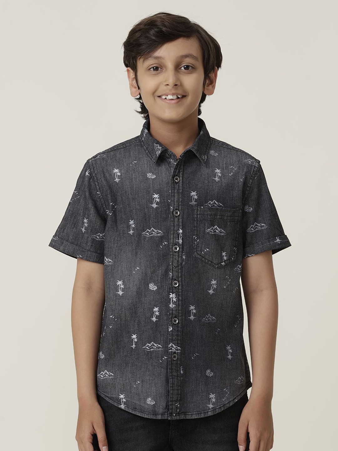 

UNDER FOURTEEN ONLY Boys Opaque Printed Casual Shirt, Black