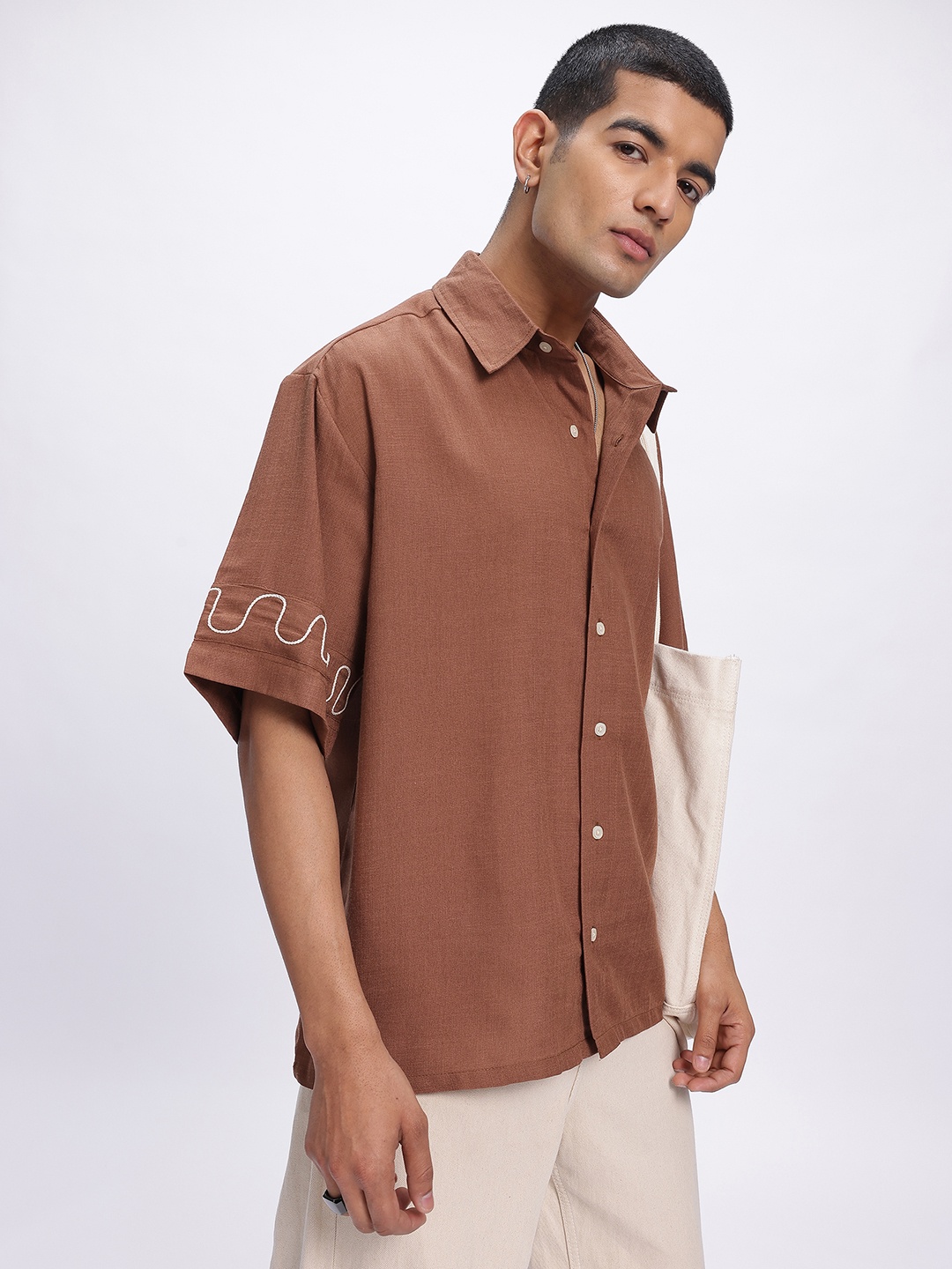 

glitchez Street Savvy Embroidered Sleeves Drop-Shoulder Oversized Shirt, Brown