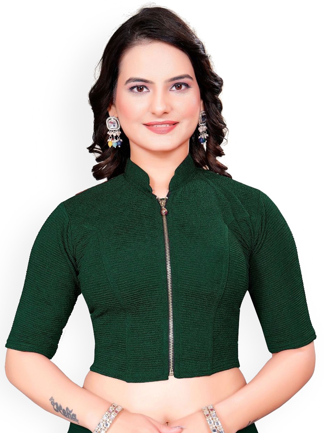 

SS Sanket Synthetics High Neck Front Full Zip Blouse, Green