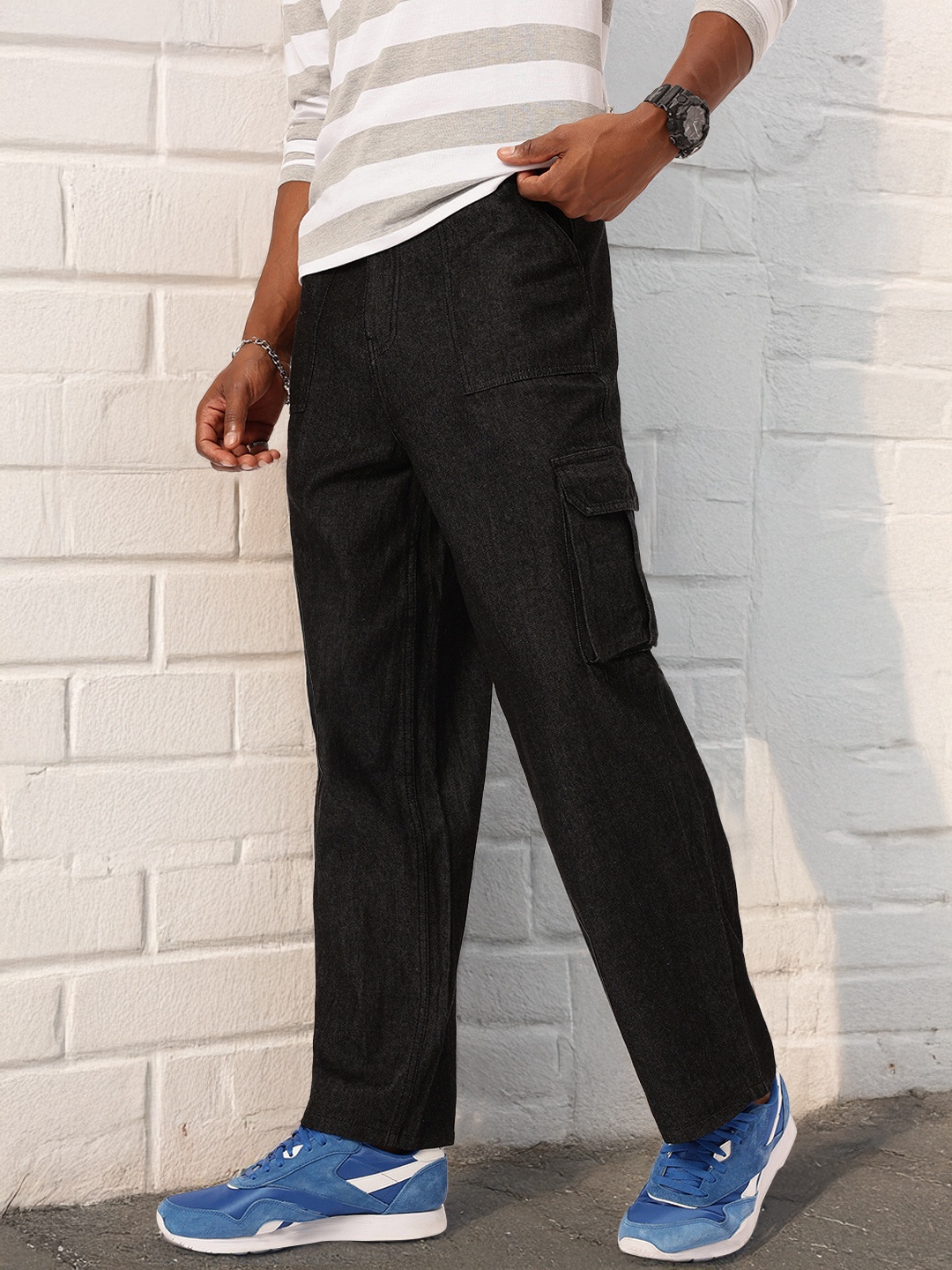 

Kook N Keech Men Everyday Denim Loose Fit High-Rise Non-Stretchable Cargo Style Jeans, Black