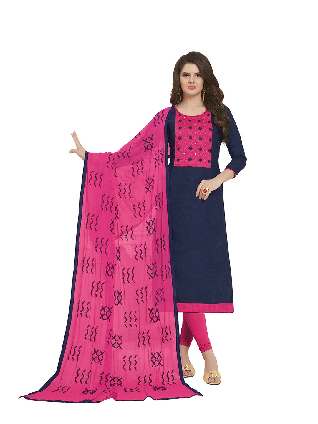 

HERE&NOW Ethnic Motifs Embroidered Mirror Work Jacquard Unstitched Dress Material, Blue