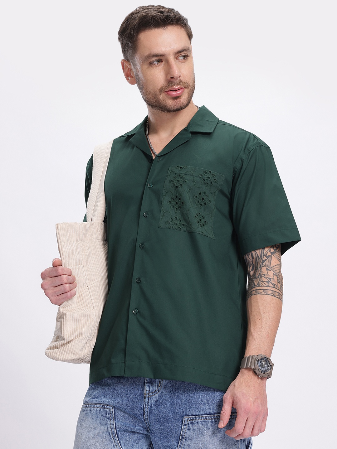 

glitchez Timeless Schiffli Embroidered Pure Cotton Relaxed Fit Shirt, Green