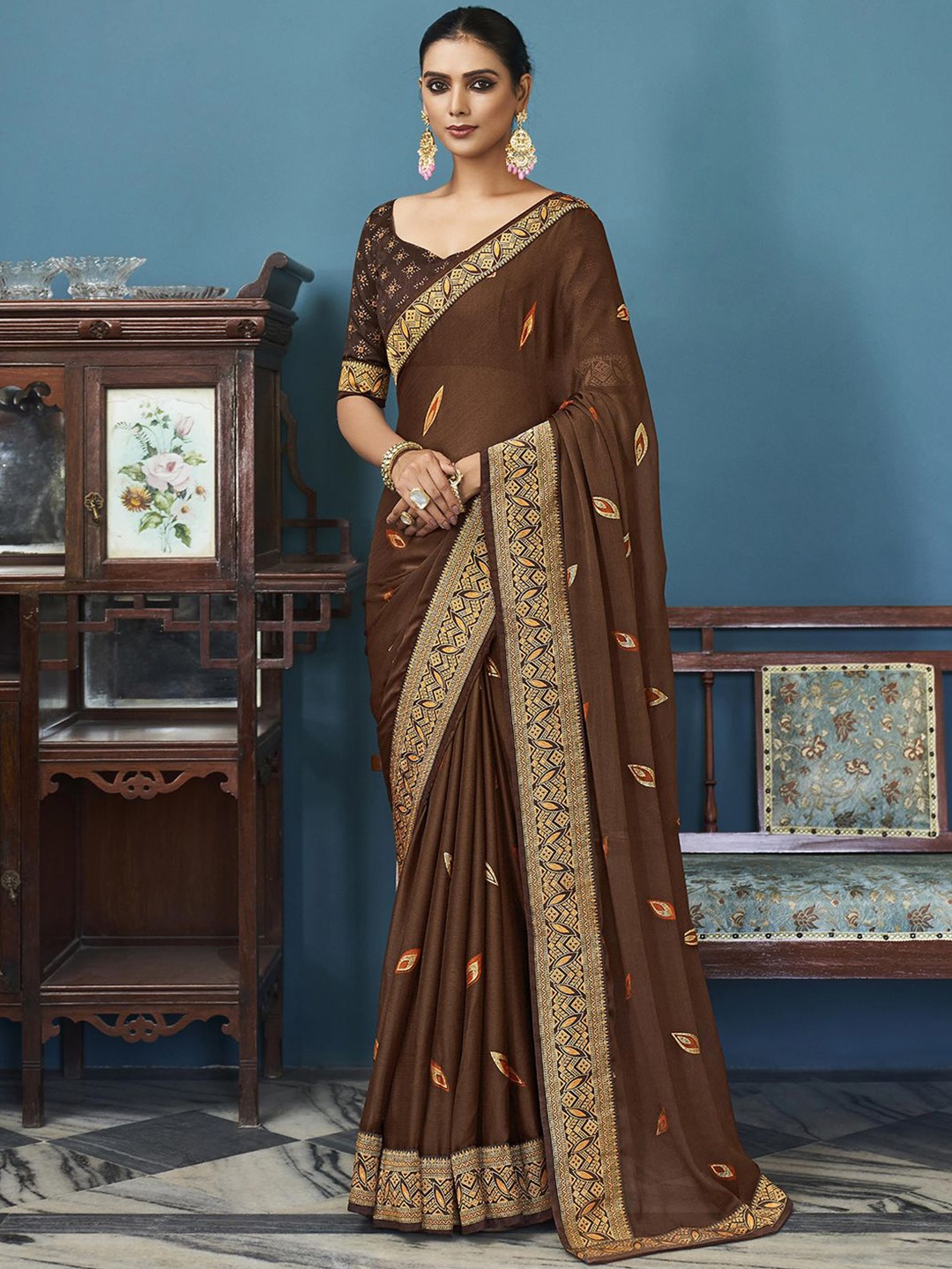

Anouk Rustic Woven Design Poly Chiffon Saree, Brown