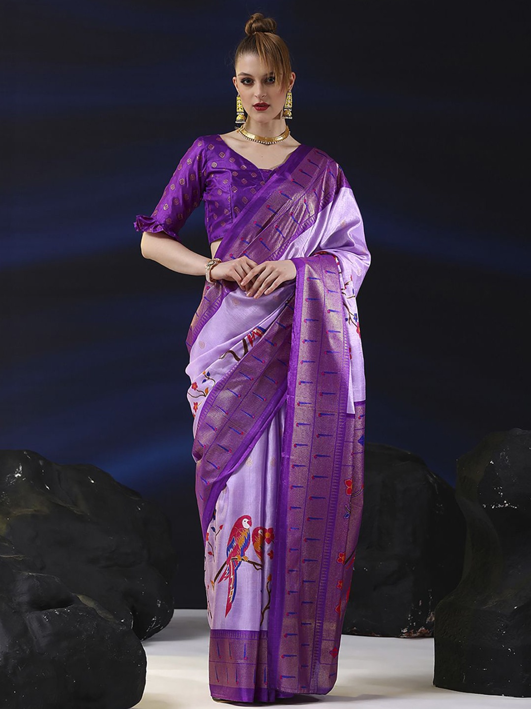 

Anouk Rustic Woven Design Zari Silk Blend Bagh Saree, Lavender