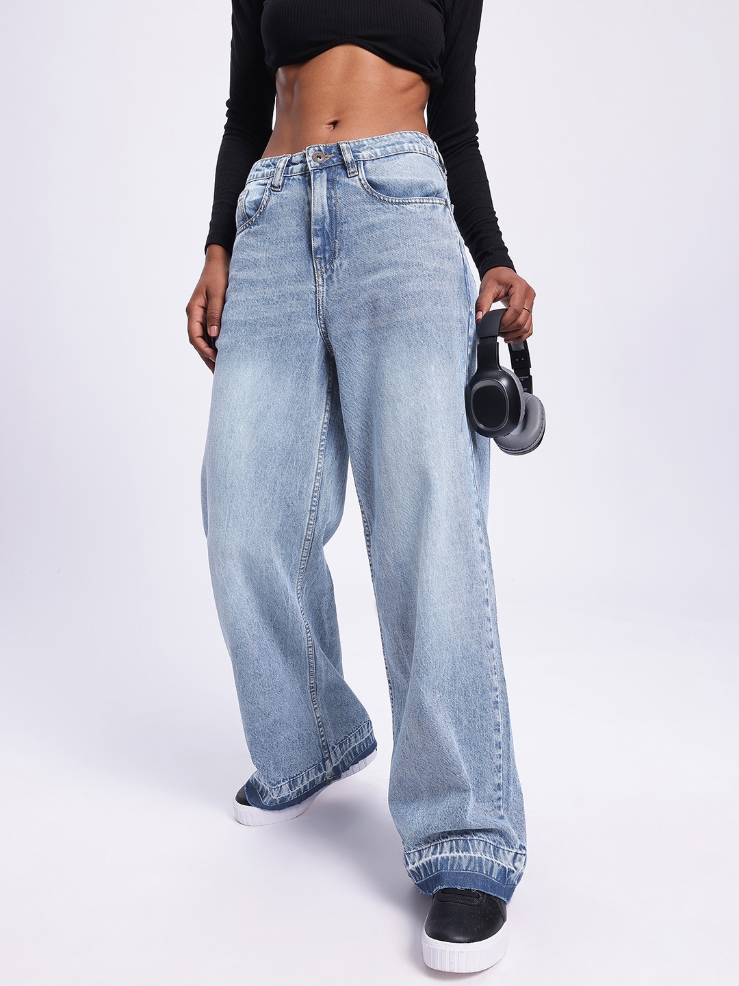 

glitchez Women Bold Baggy Pure Cotton Heavy Fade Wide Leg Jeans, Blue